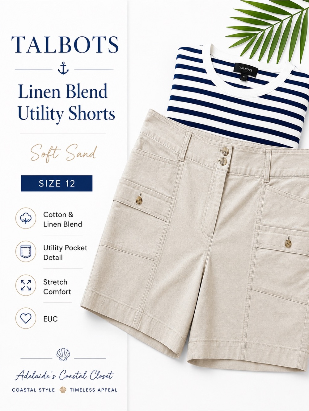 Talbots Shorts Soft Linen Blend Utility Shorts Size 12 Cotton Stretch EUC